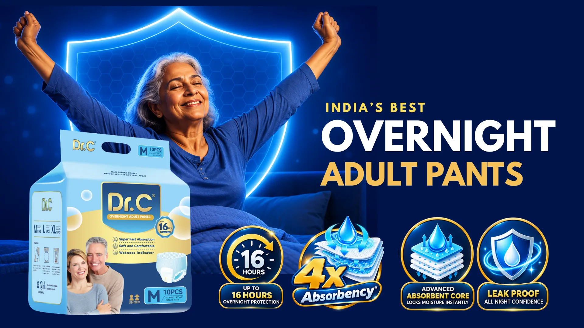 Dr.C Overnight Adult Pants pull-up adult diaper. Medium Size Overnight Adult Pants. Travel Friendly Adult Pants. 16Hrs Overnight Adult Pants.