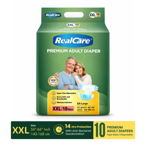 Realcare Premium Adult Diapers. 14 Hrs Adult Diapers. Breathable Adult Diapers. Skin Friendly Adult Diapers. Premium Tape Style Adult Diapers. Medium Size Adult Diapers