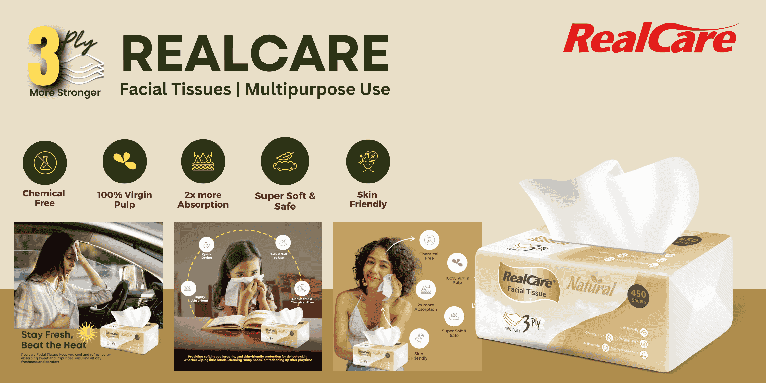 Realcare Facial Tissue. 3ply Multipurpose Tissue