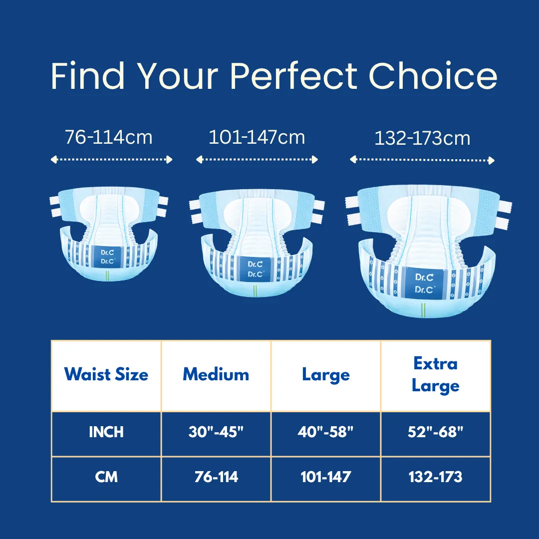 Overnight Adult diaper size chart. DrC Overnight Adult Diapers_16 Hrs Protection. XL Adult Diapers. Best tape style adult diapers. Overnight Adult Diaper for Men and women. Overnight adult diapers for heavy wetters
