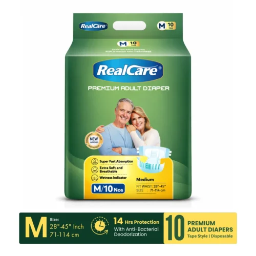 Realcare Premium Adult Diapers. 14 Hrs Adult Diapers. Breathable Adult Diapers. Skin Friendly Adult Diapers. Premium Tape Style Adult Diapers. Medium Size Adult Diapers