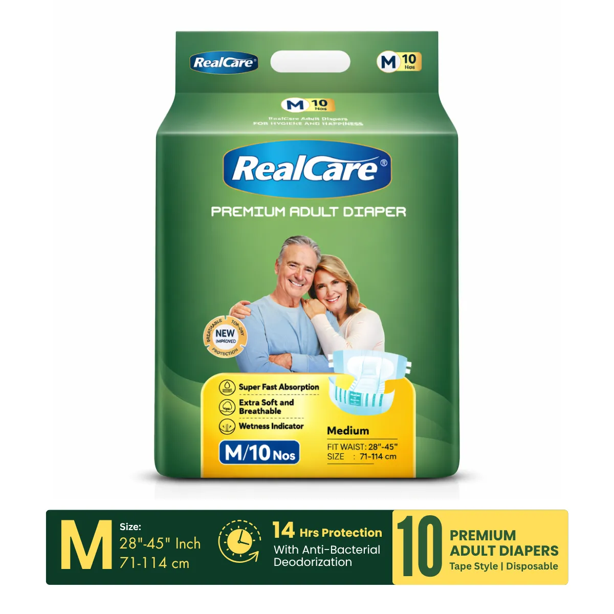 Realcare Premium Adult Diapers. 14 Hrs Adult Diapers. Breathable Adult Diapers. Skin Friendly Adult Diapers. Premium Tape Style Adult Diapers. Medium Size Adult Diapers