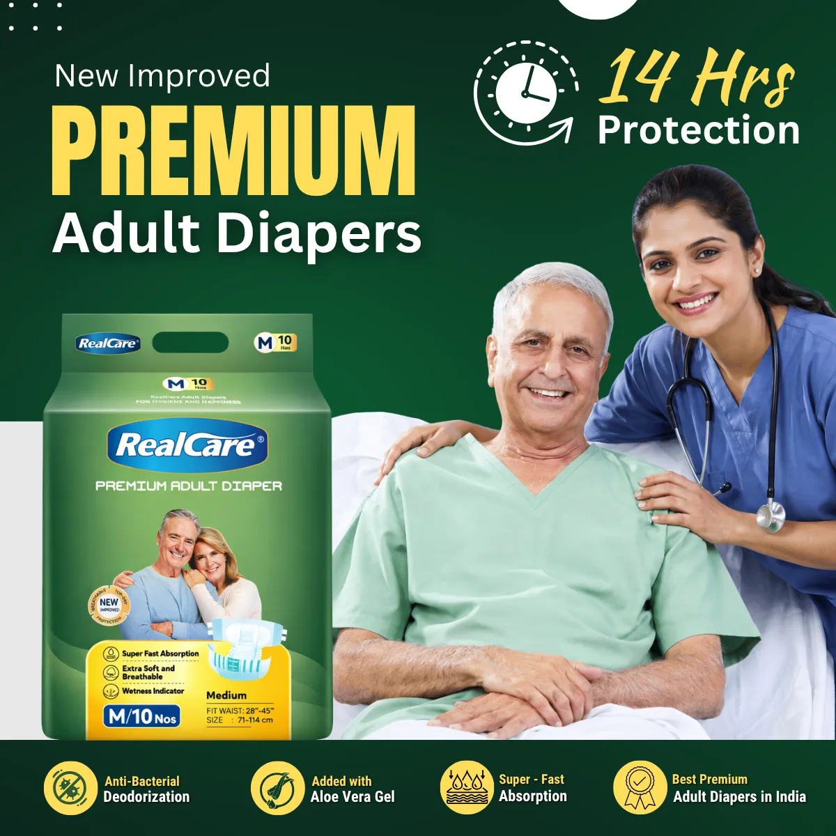 Realcare Premium Adult Diapers. 14 Hrs Adult Diapers. Breathable Adult Diapers. Skin Friendly Adult Diapers. Premium Tape Style Adult Diapers. Medium Size Adult Diapers